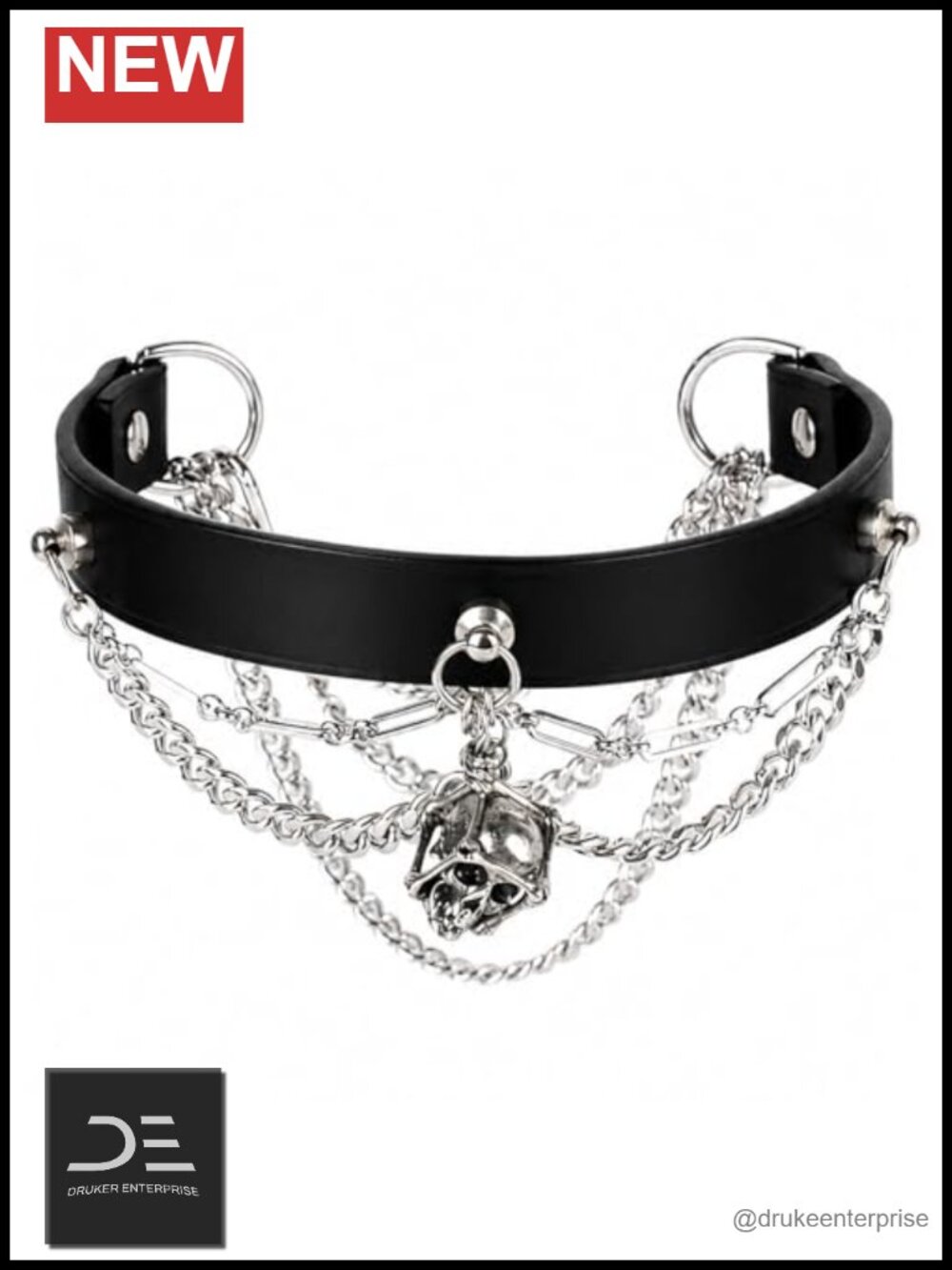 Genuine Leather Gothic Choker Necklace with Skull Cage Pendant and Layered